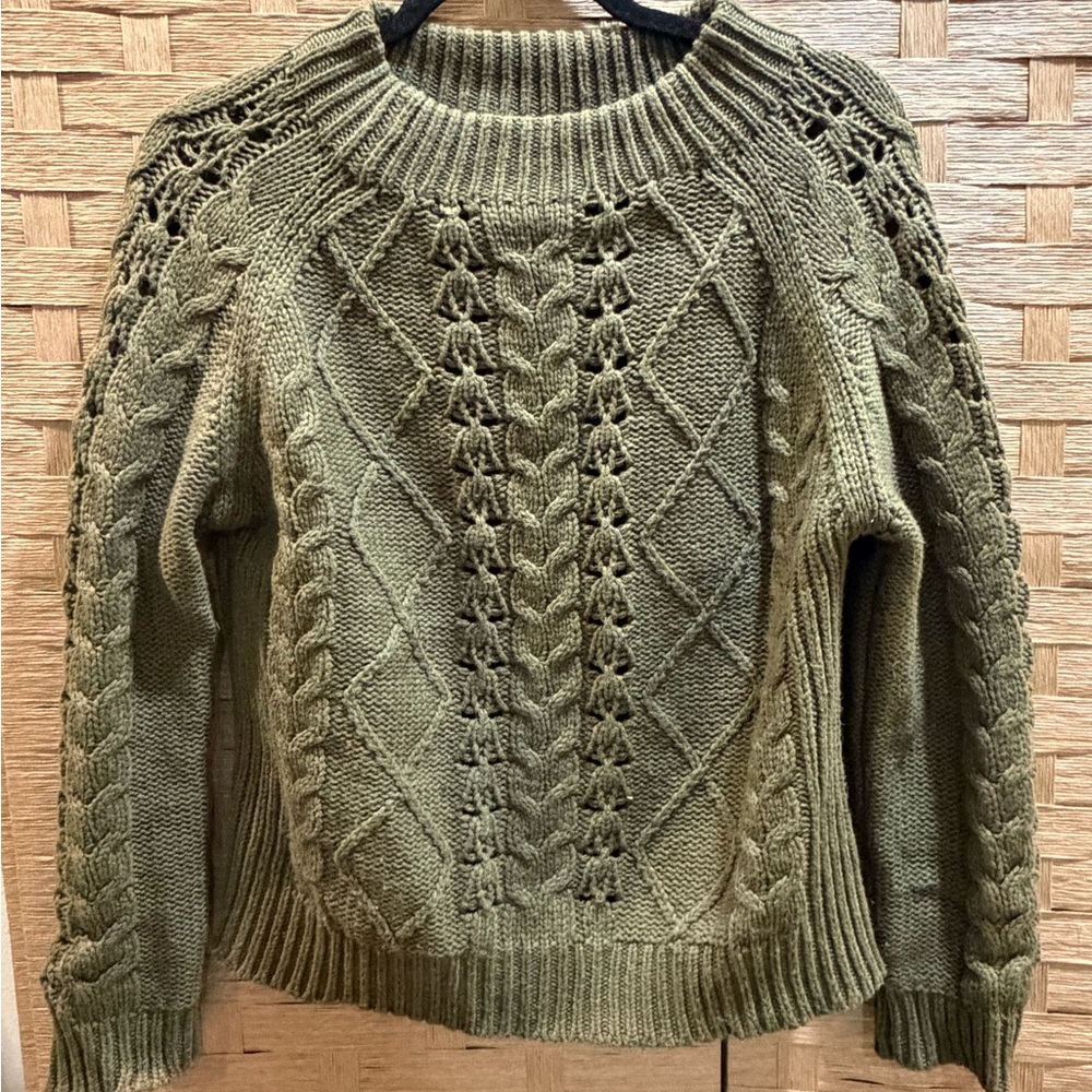 J. Crew Olive Green Cable Knit Cotton And Merino Wool Sweater Size Small